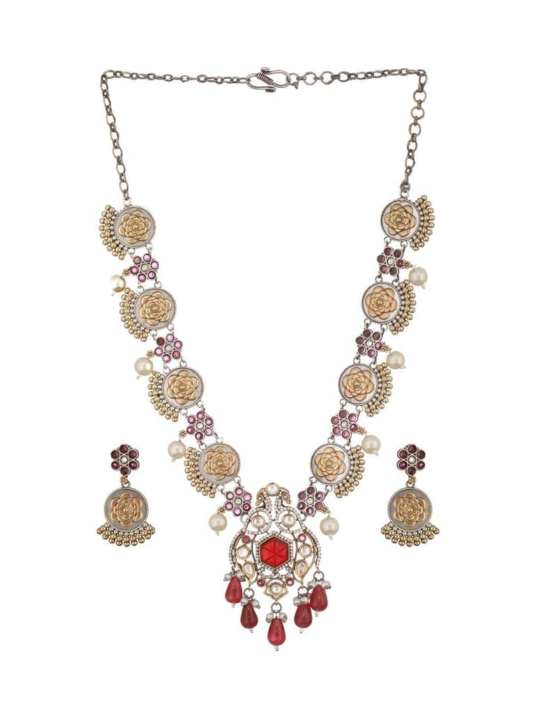 Dual Toned Silver Oxidised Maroon Pearl Beaded Floral Statement jewellery Set view 6