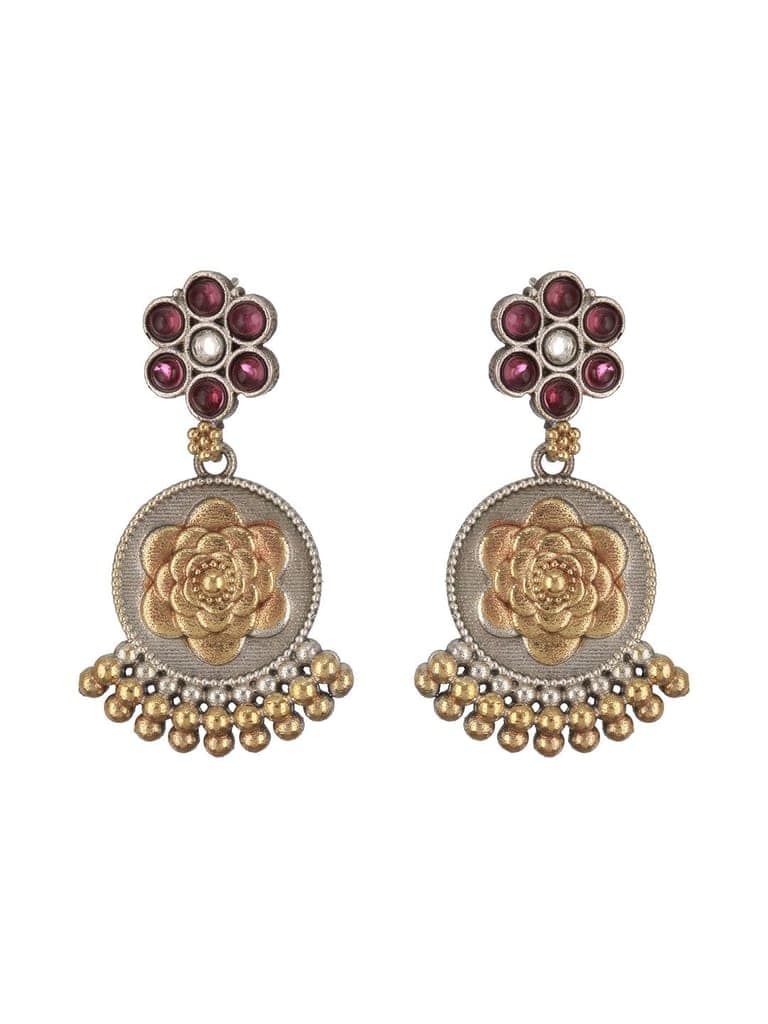Dual Toned Silver Oxidised Maroon Pearl Beaded Floral Statement jewellery Set view 7