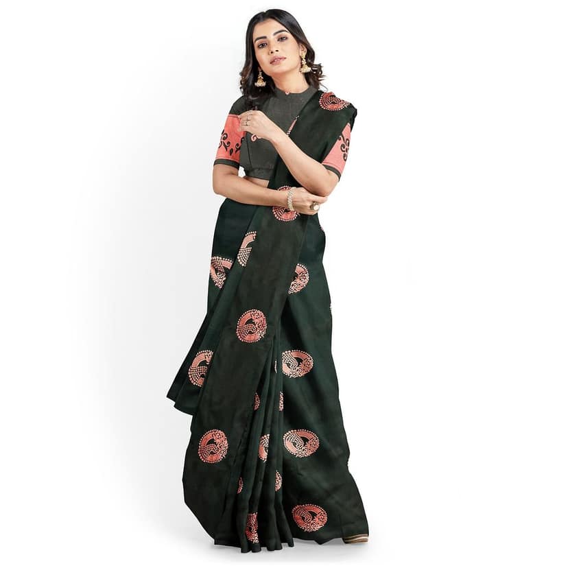 Dark Green Color Big Copper Zari Butta Saree with Unstitched Blouse view 2