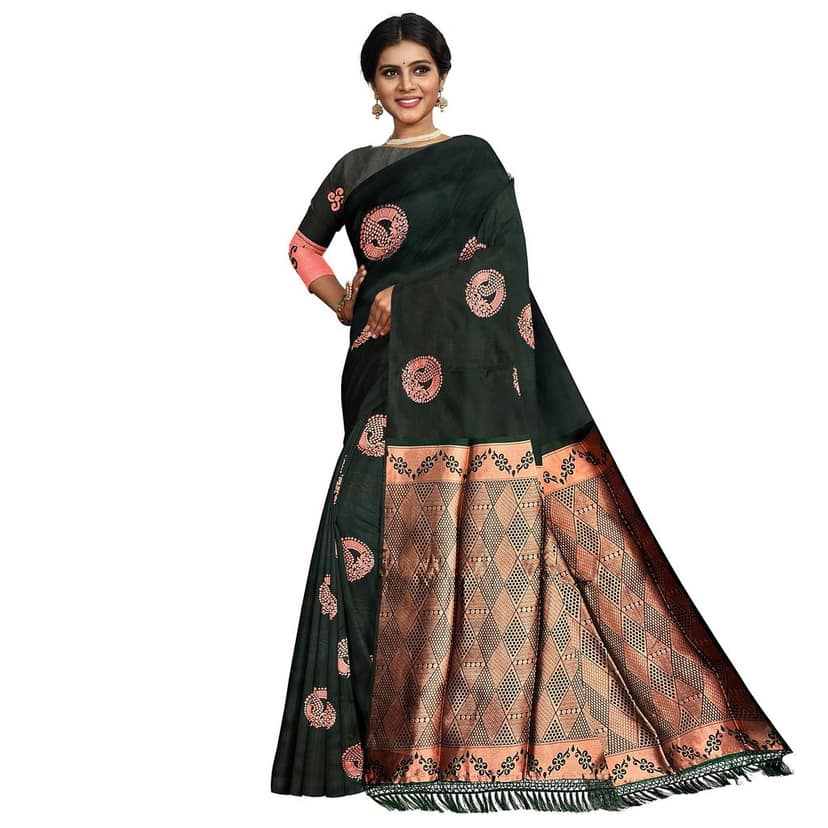 Dark Green Color Big Copper Zari Butta Saree with Unstitched Blouse view 4