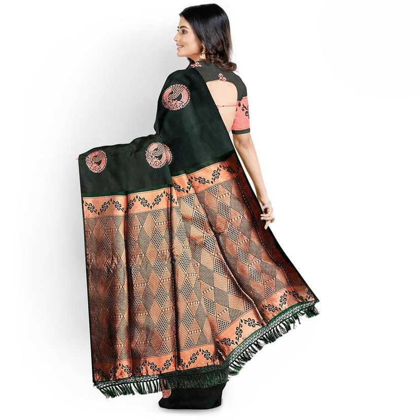 Dark Green Color Big Copper Zari Butta Saree with Unstitched Blouse view 5