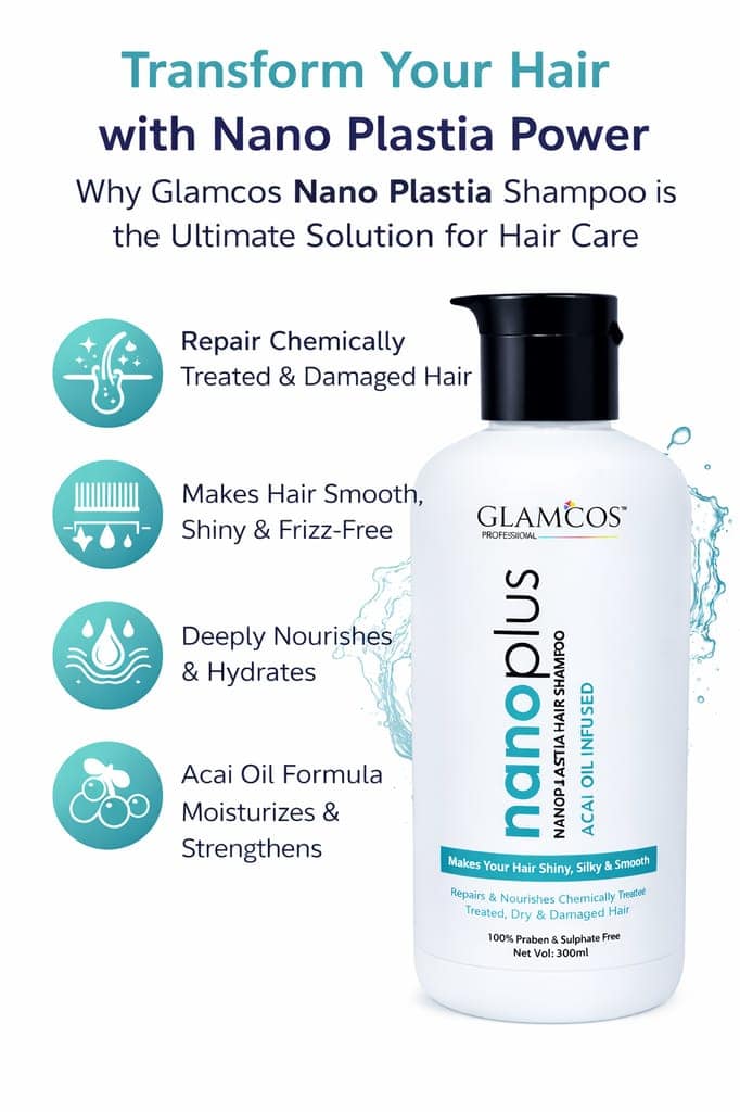 Glamcos Professional Nano Plastia Hair Shampoo | Acai Oil Infused | Repairs Damaged Hair | Smooth, Silky & Frizz-Free Finish | Sulphate & Paraben Free – 300ml view 4