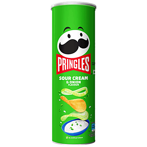 Pringles Potato Chips - Sour Cream & Onion Flavour, Crunchy & Crispy, 107 g Can