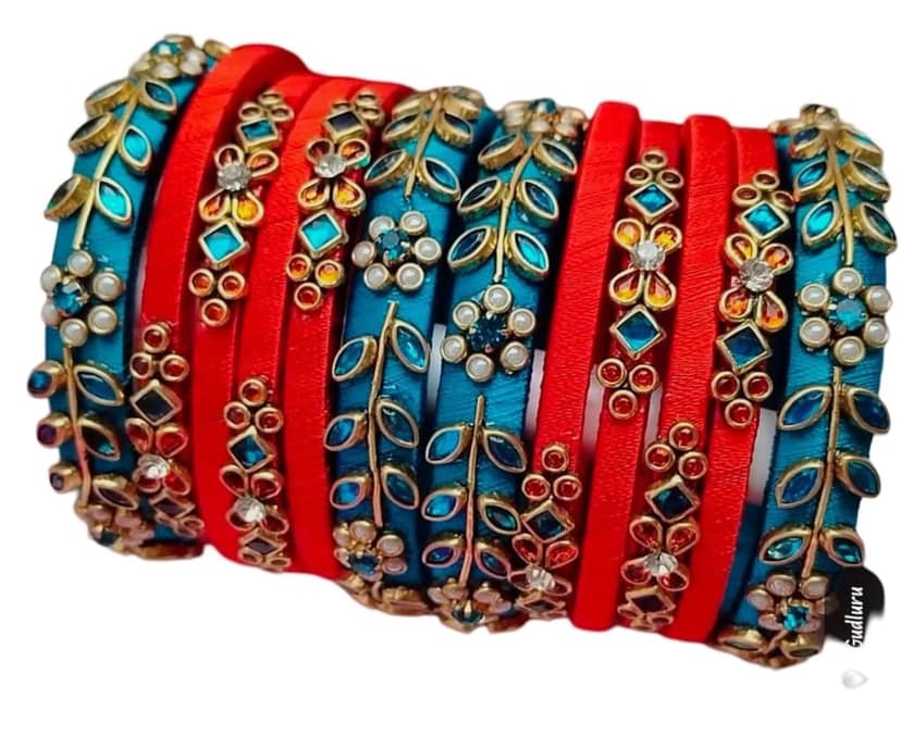 oxidized silver and copper kada bangles with red and blue stones view 3