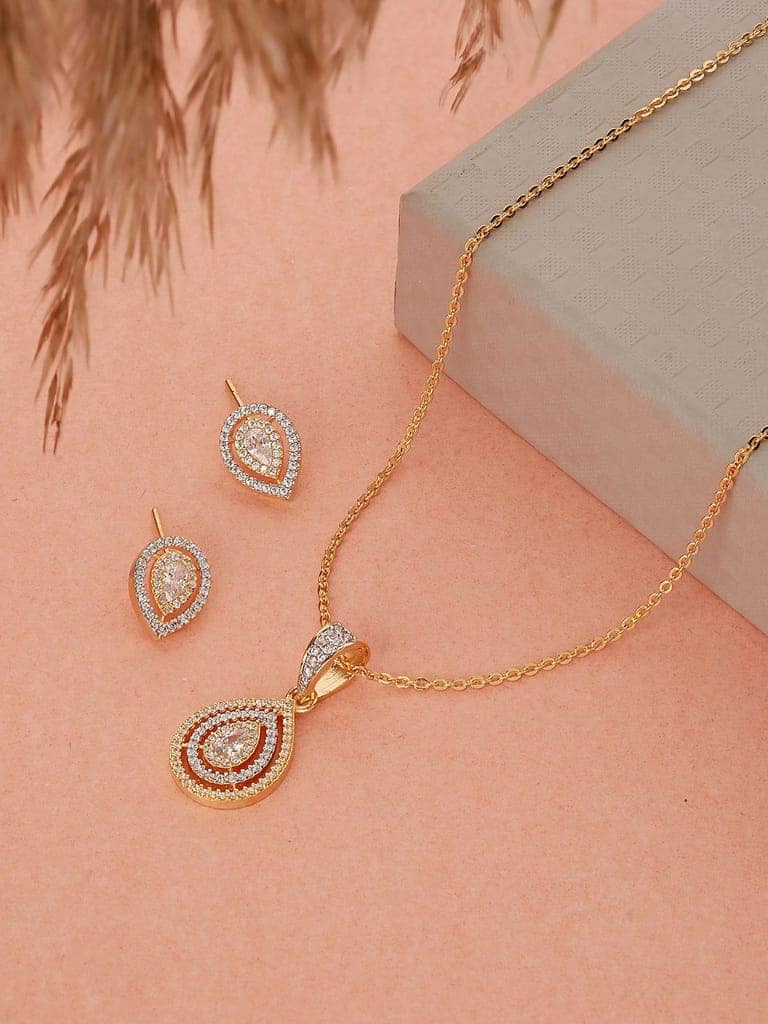 Gold Toned CZ Studded Tilak Shaped Minimal Locket Jewellery Set view 2