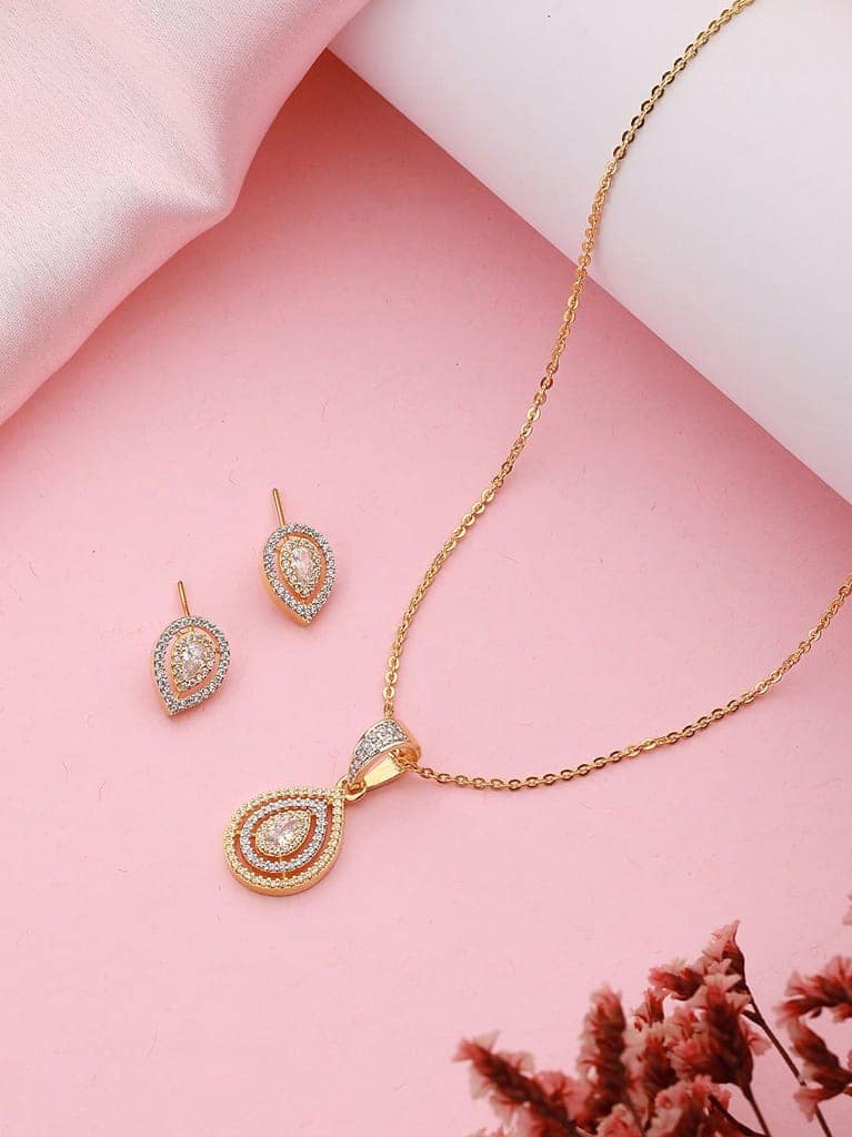 Gold Toned CZ Studded Tilak Shaped Minimal Locket Jewellery Set view 3