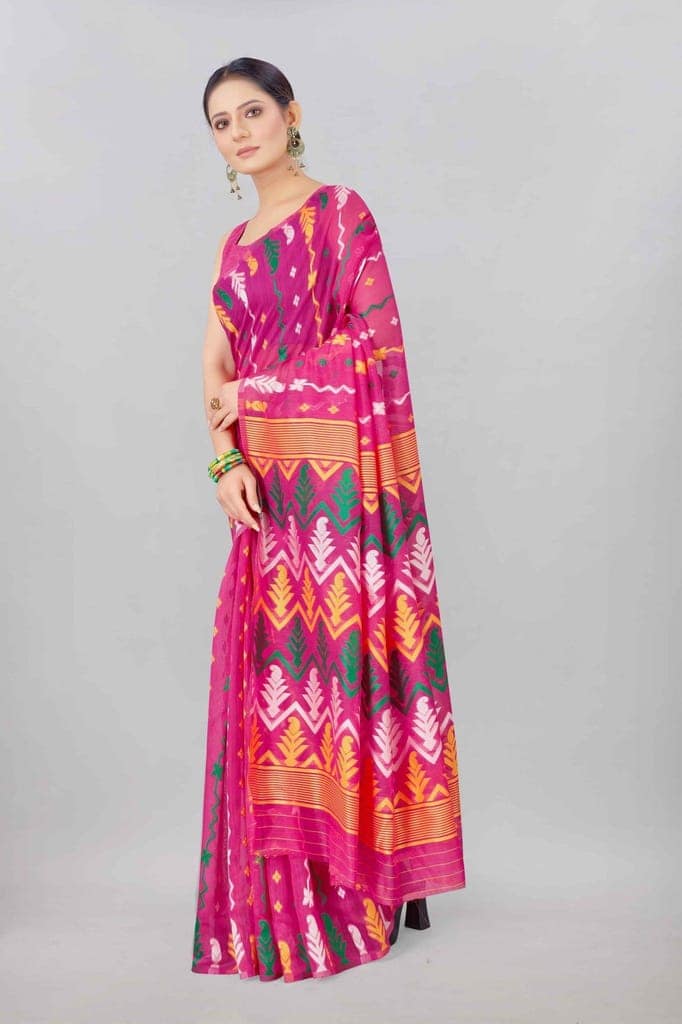Pink Woven Jamdani Cotton Silk Saree view 2