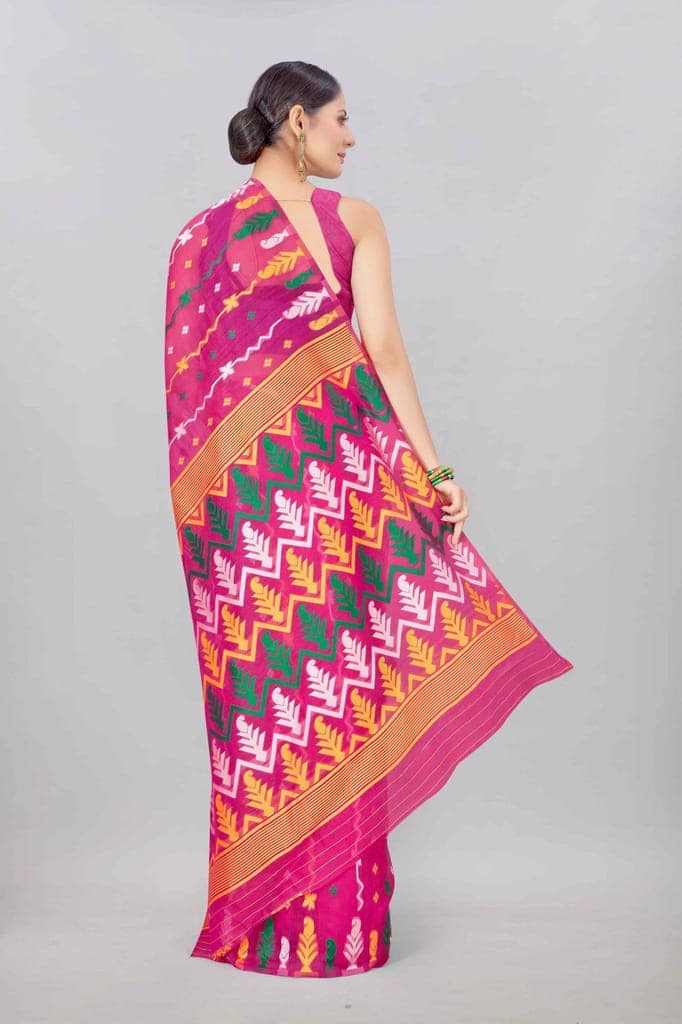 Pink Woven Jamdani Cotton Silk Saree view 3
