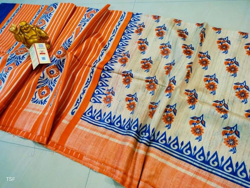 Silkmark Certified Tussar Silk Handloom Handblock Printed Blue and Orange Saree with Blouse-7747