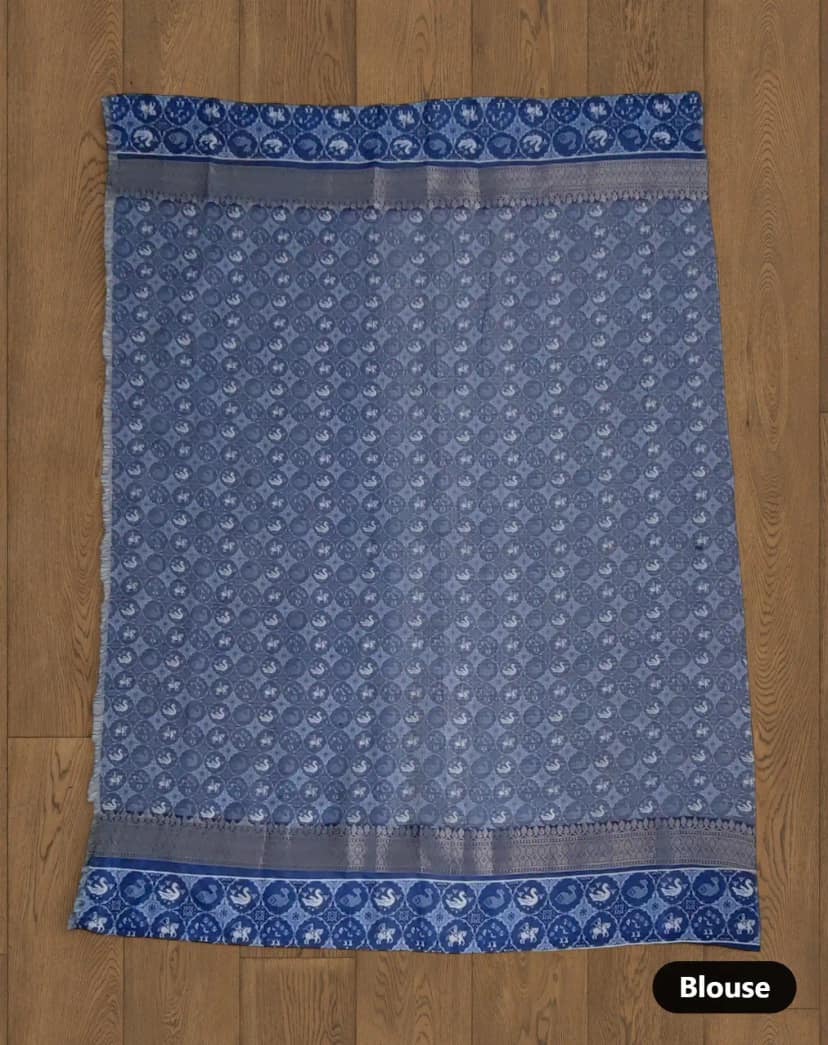 Kota Doria Cotton-Silk Saree with Peacock Block Print and Zari Border view 5