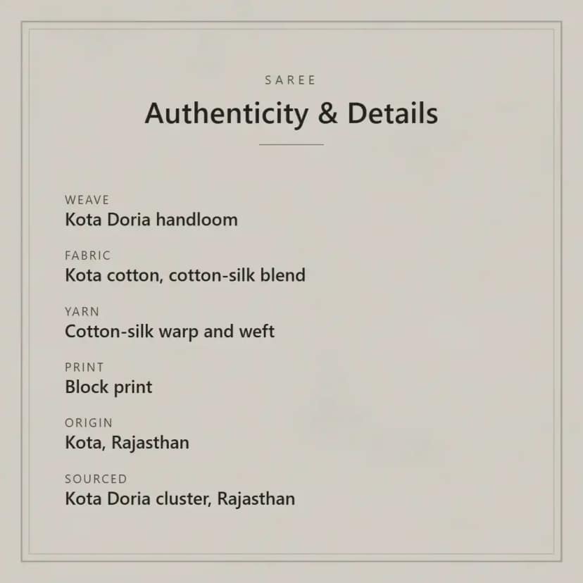 Kota Doria Cotton-Silk Saree with Peacock Block Print and Zari Border view 6