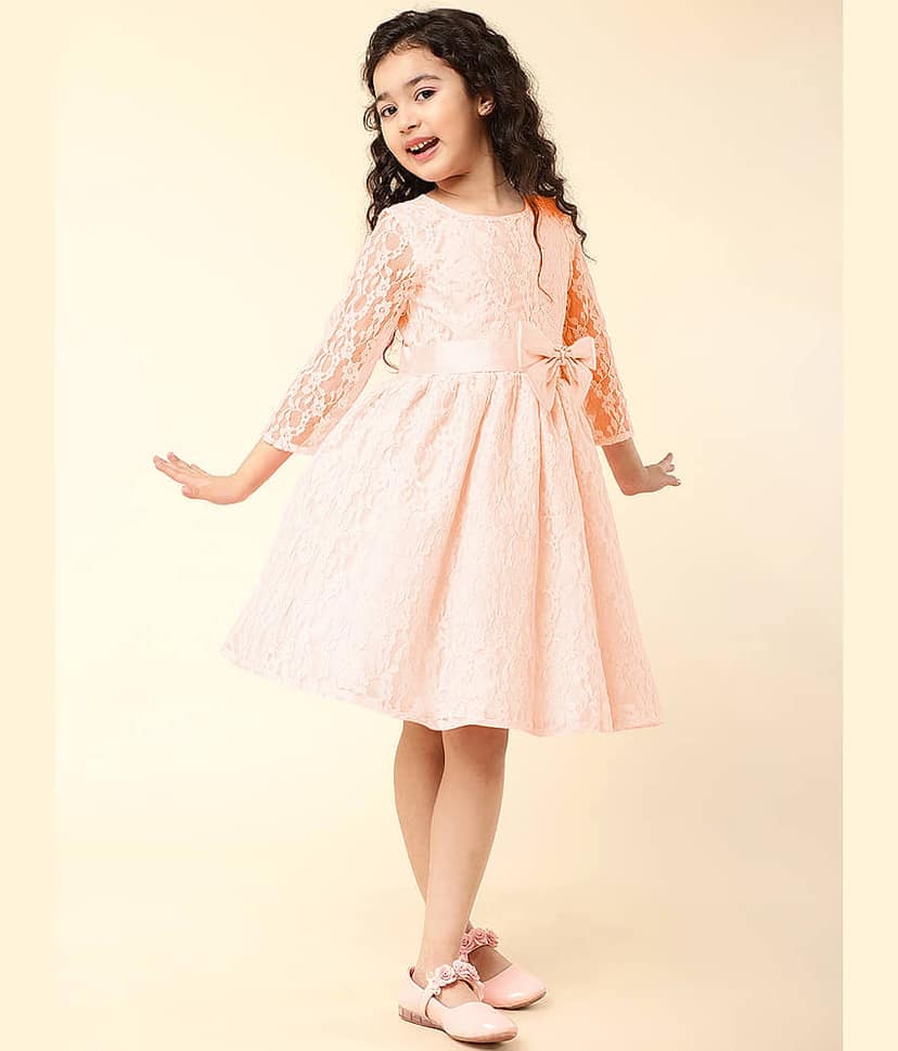 A.T.U.N. - Peach Nylon Girls Fit And Flare Dress ( Pack of 1 )