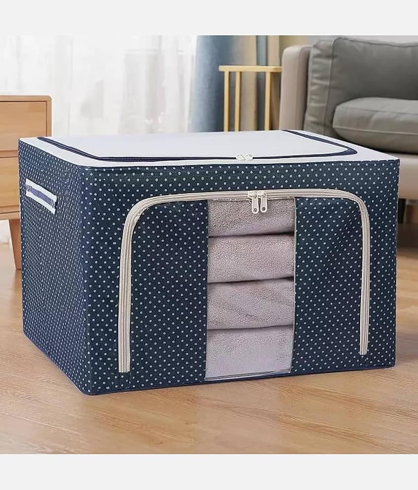 Foldable & Collapsible Large 66L Garment Storage Bag For Wardrobe, Cloth Organizer Clothes Box, Saree Cover Dress Organiser (Pack Of 1) (Oxford Fabric Metal), Blue view 2