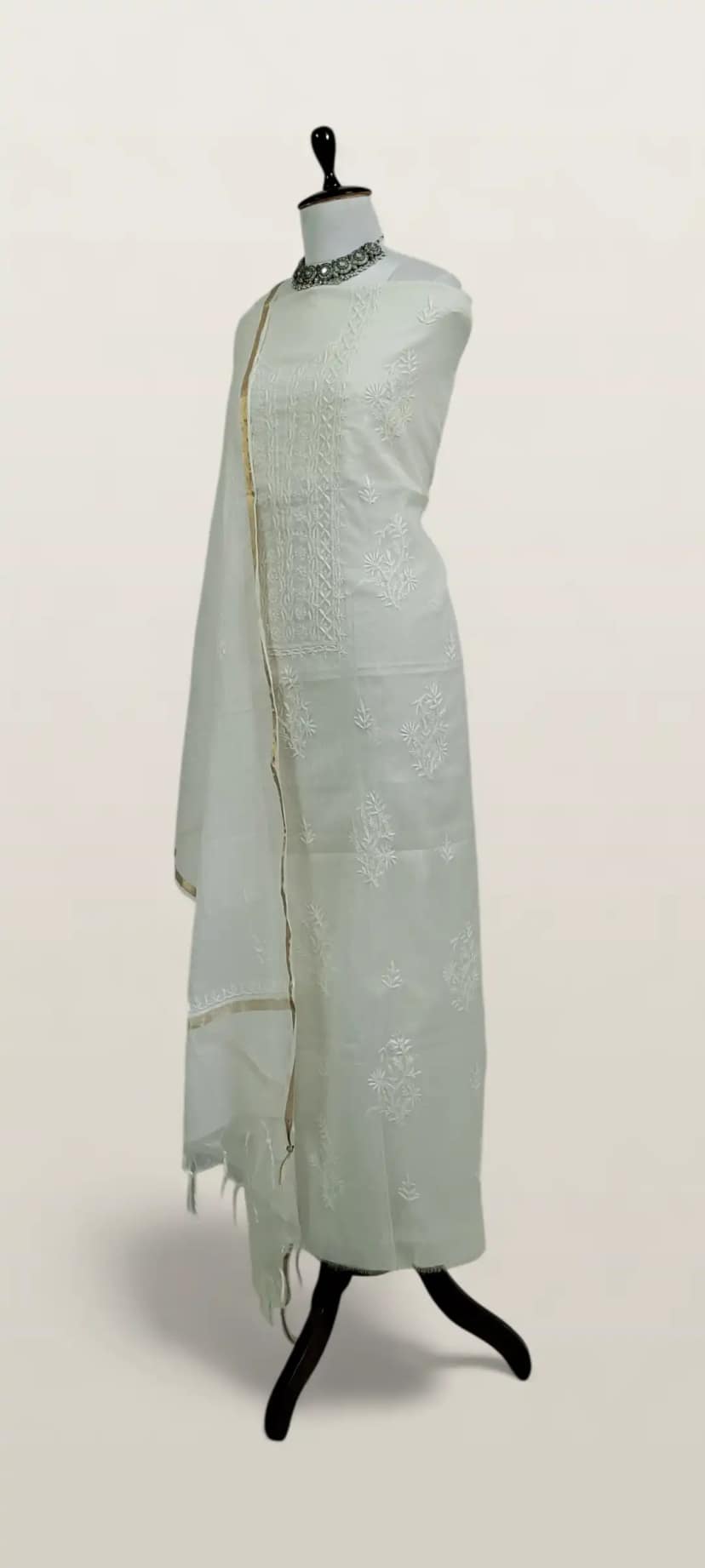 Chikankari Mul Chanderi Dress Material White Tonal Jaali view 2