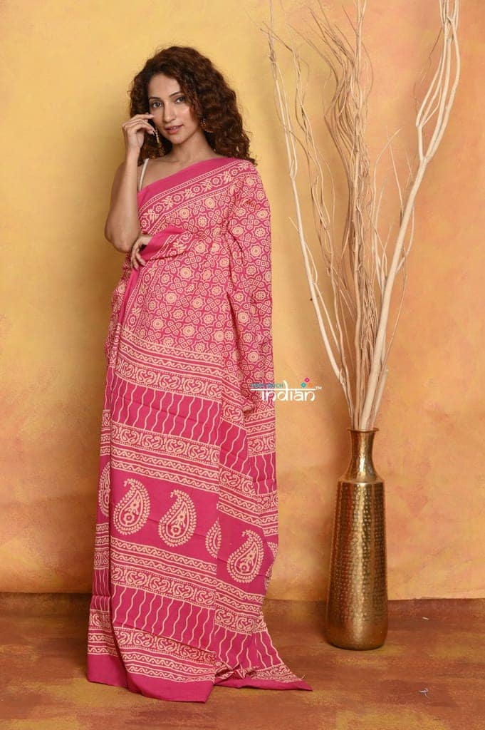 Mastaani ~ Pure Cotton - Natural Dyes Handblock Printed Saree - Pink view 2