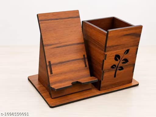 DHRUVINSRI Handcrafted Wooden Pen Holder & Mobile Stand for Office, Home & Study Table, Natural Brown Wood view 2