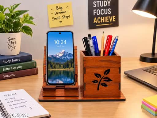 DHRUVINSRI Handcrafted Wooden Pen Holder & Mobile Stand for Office, Home & Study Table, Natural Brown Wood view 3
