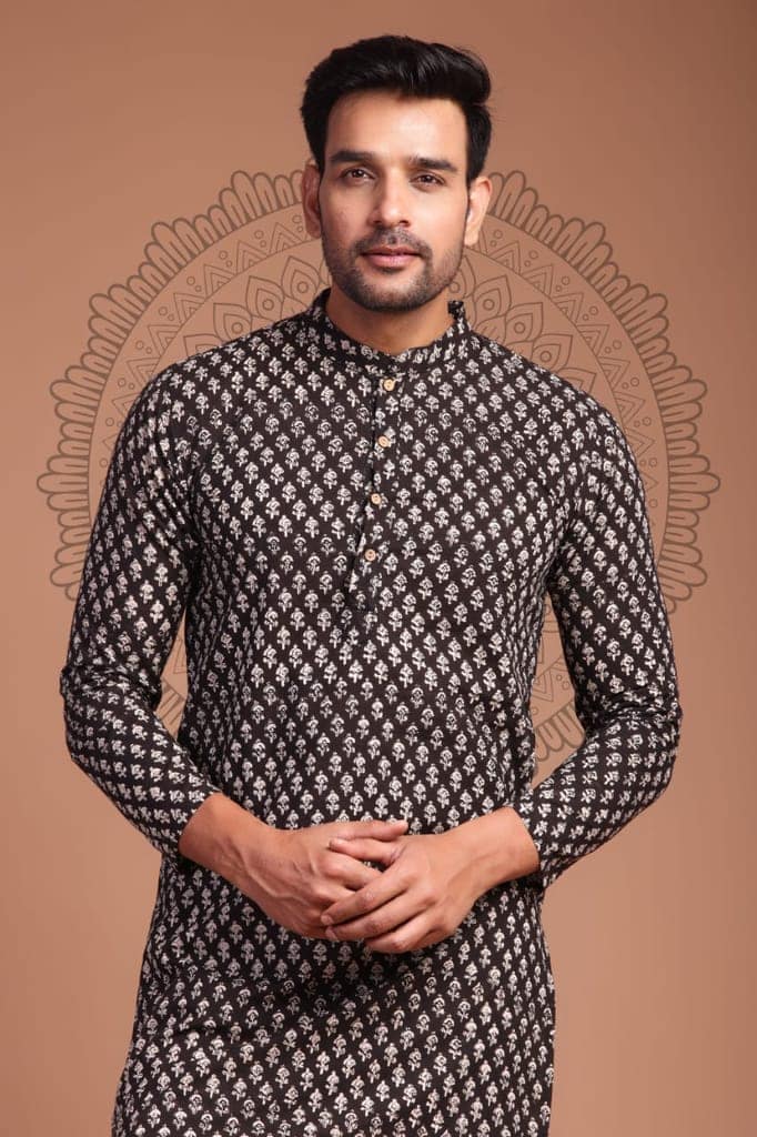 Cotton Designer Men'S Kurta Bagru Printed Hand Printed Brown Color (Size: 38-44)-7895 view 2