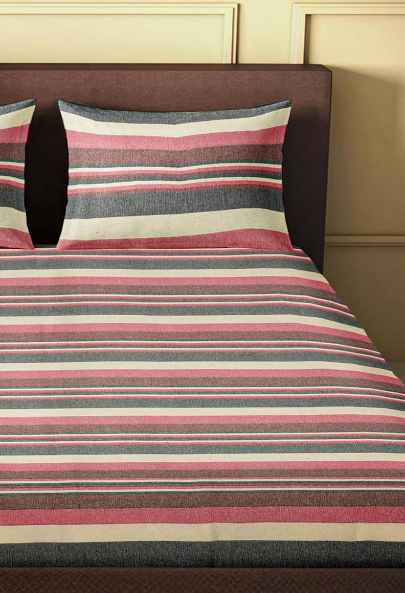 Handloom Cotton Bedsheet With Pillow Covers - Red Striped view 2