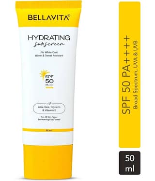 BELLAVITA Water based Hydrating Sunscreen SPF 50 Lightweight PA+++ For No White Cast Non - Greasy Finish UV Protection Broad Spectrum 50ML
