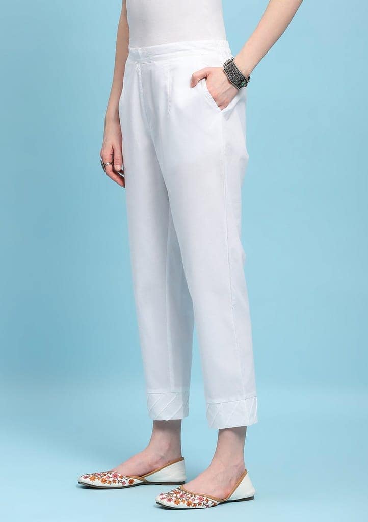 Cotton Solid Women's Pants - White view 3