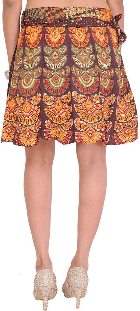 Brown Sanganeri Wrap-Around Mini-Skirt with Printed Motifs view 2