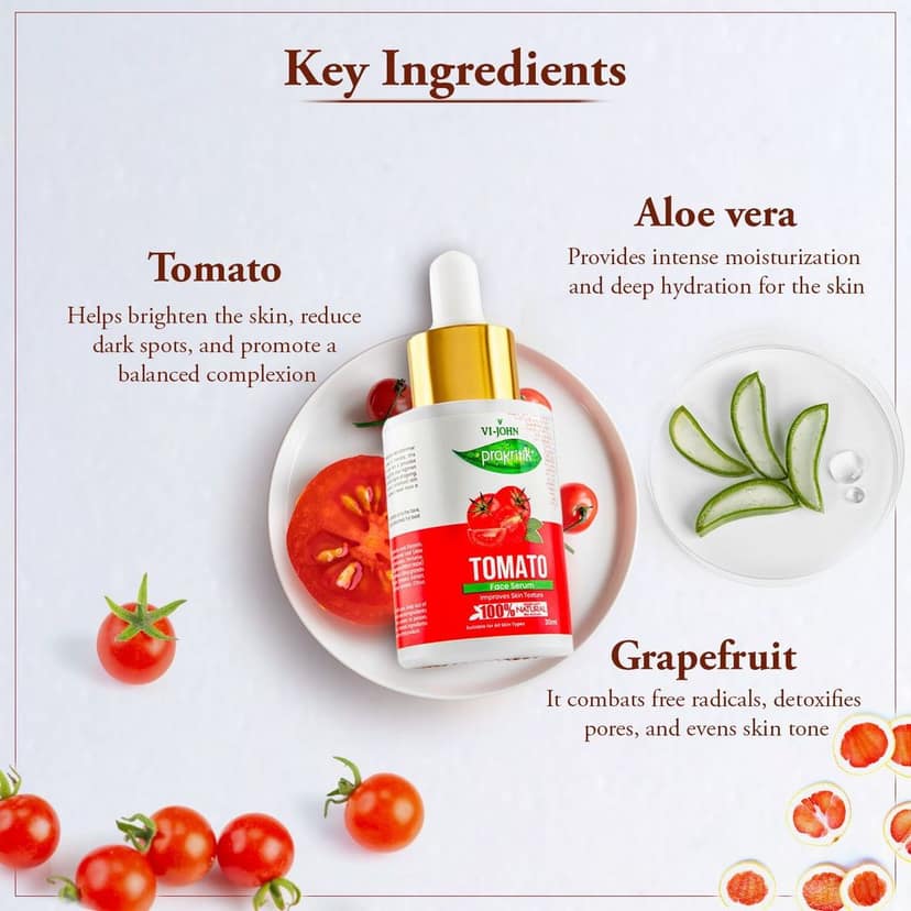 VI-JOHN Prakritik Tomato Face Serum Brightening & Anti-Aging | Fights Dark Spots & Pigmentation | Hydrates & Boosts Collagen | Serum for glowing skin | 100% Bioactives Dermatologist Approved |30ML view 7