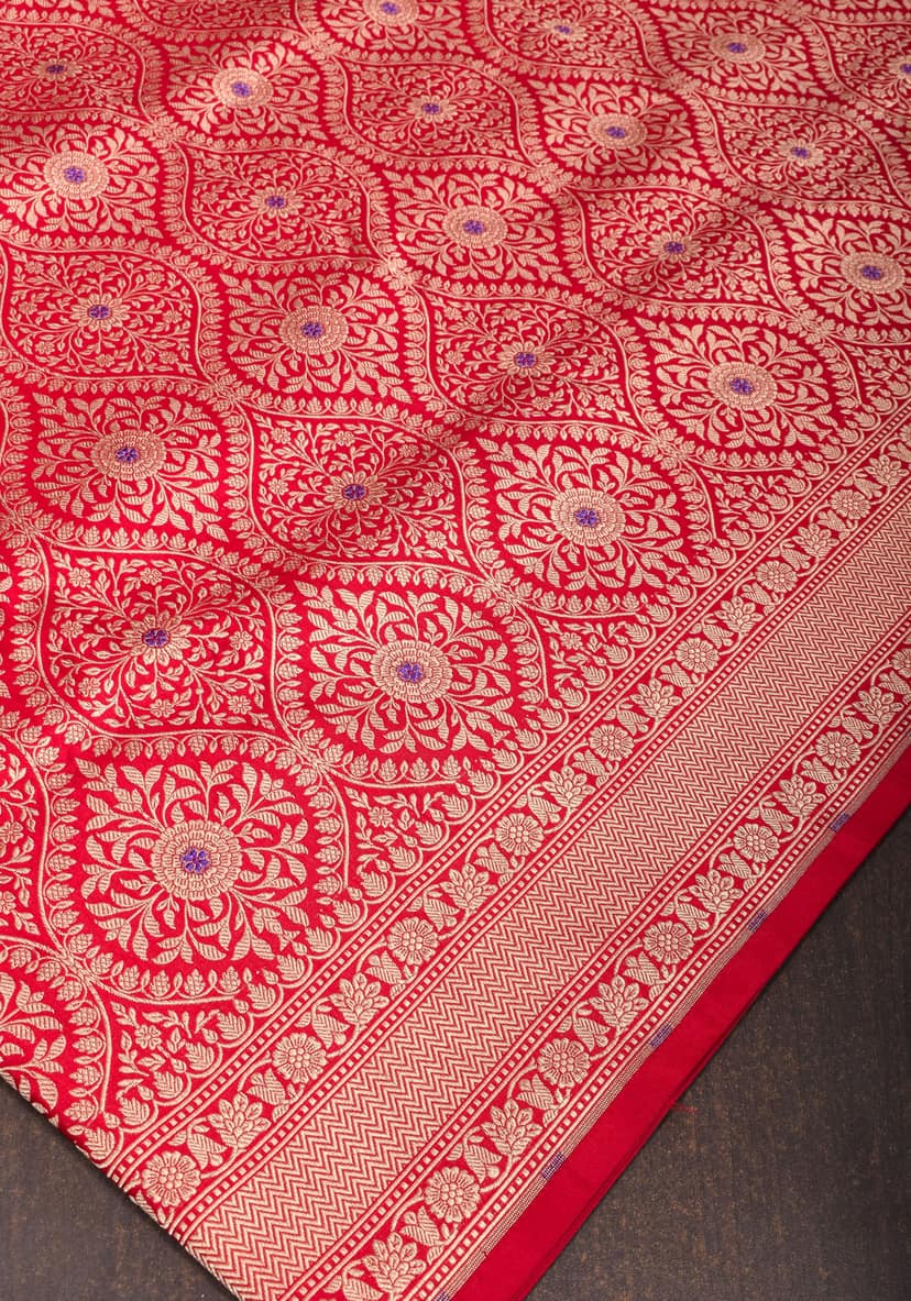 Antique Zari and Meenakari Brocade on PInk Red Shot color Banarasi Pure Silk Saree | SILK MARK CERTIFIED