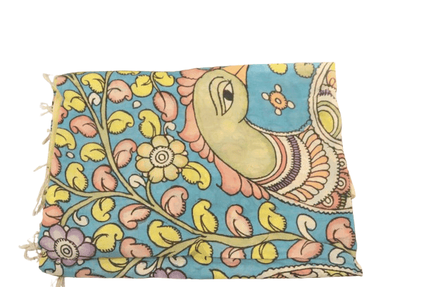 A beautiful hand-painted Madhubani cotton silk saree with intricate floral and peacock motifs.