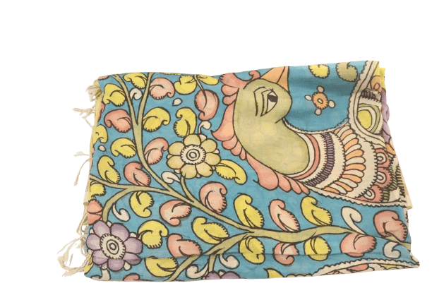 A beautiful hand-painted Madhubani cotton silk saree with intricate floral and peacock motifs. view 2