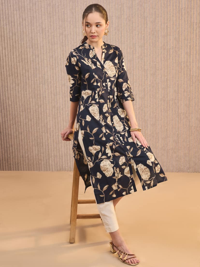 Navy Blue Pure Cotton Printed Kurti With Princess Cut view 2