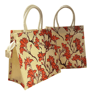 Orange Floral Print Jute Tote Bag