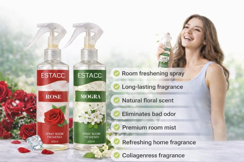 ESTACC Rose & Mogra Spray Room Freshener Combo Pack of 2 (200ml Each) | Long Lasting Floral Air Freshener Spray for Home, Office, Car, Bathroom & Living Room view 2