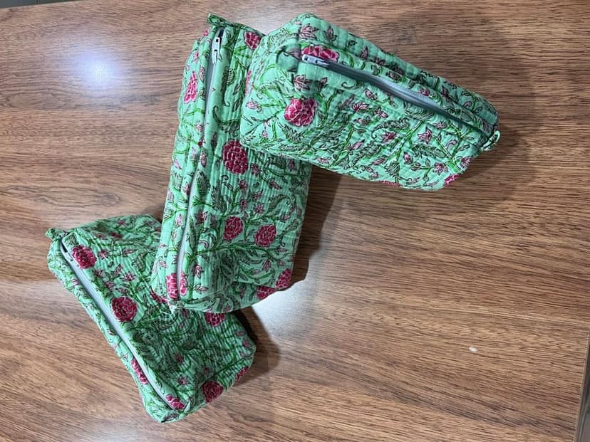Quilted Cosmetic Bags Set, Mint Green Floral Print, 3-Piece Travel Pouches with Zippers view 3