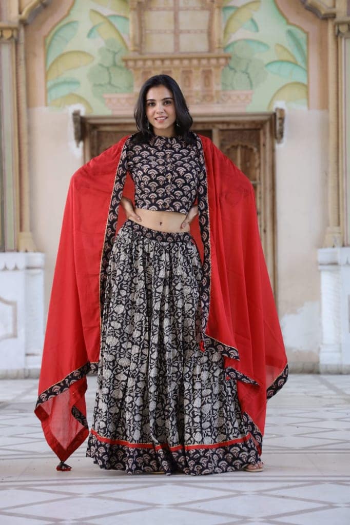 Cotton Lehanga Handblock Printed Eerie Black Color and Top With Mulmul Dupatta (Size 34-46)-8020 view 3