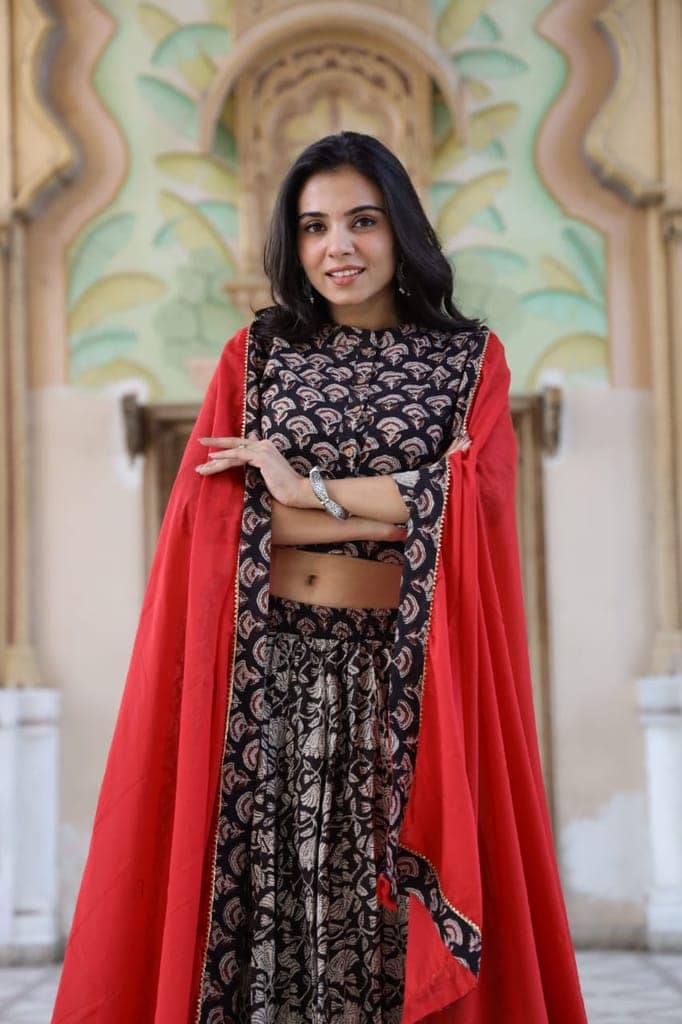 Cotton Lehanga Handblock Printed Eerie Black Color and Top With Mulmul Dupatta (Size 34-46)-8020 view 5