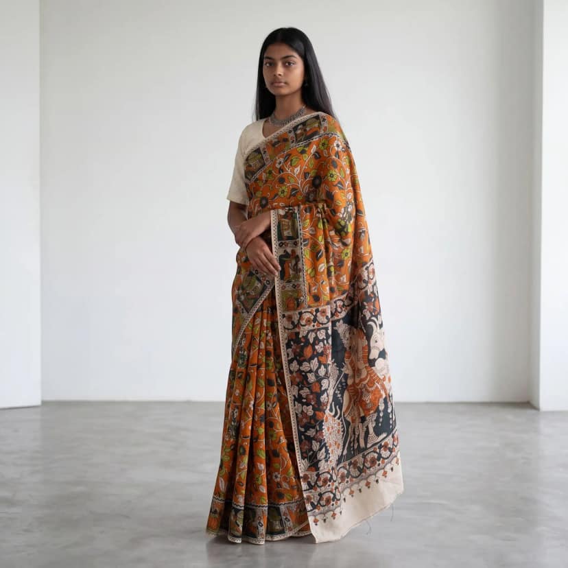 Screen-Printed Pedana Kalamkari Mulmul Cotton Saree in Orange view 6