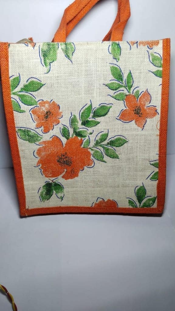 Floral Jute Tote Bag with Orange Trim view 2