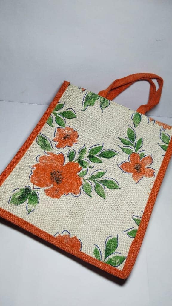 Floral Jute Tote Bag with Orange Trim view 4