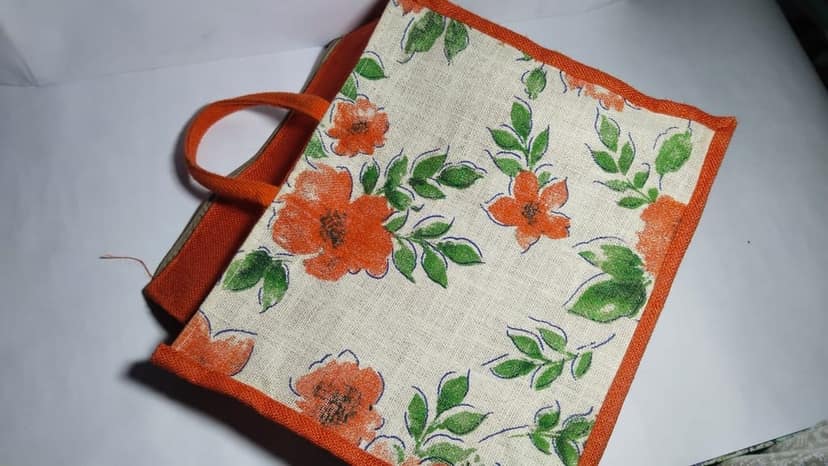 Floral Jute Tote Bag with Orange Trim view 5