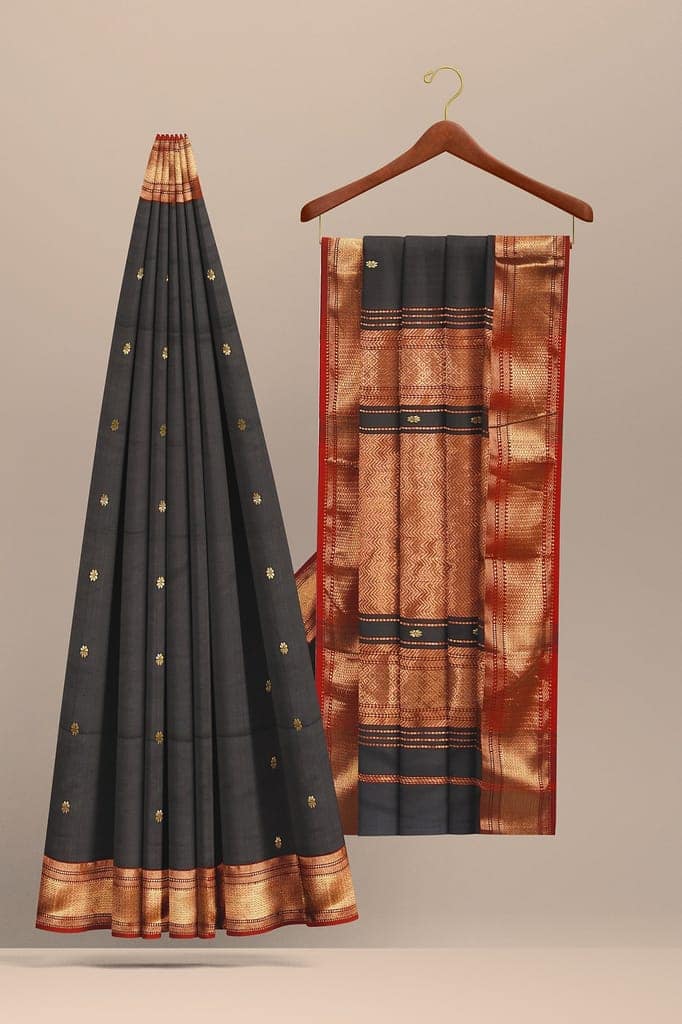 Black Handwoven Mulberry Sausar Silk With Rui Buti And Zari Border Saree SKU-BS10151 view 2