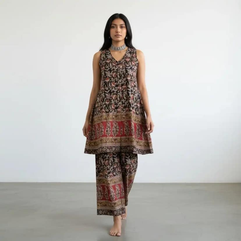 Handloom Cotton Co-Ord Set in Dark Indigo with Paisley Border view 2