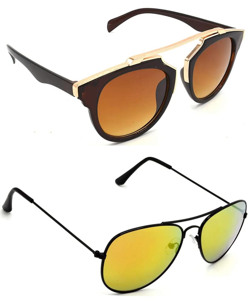 HRINKAR Unisex Wrap-around Sunglasses Golden & Black Frame, Brown & Golden Lens (Medium) - Pack of 2