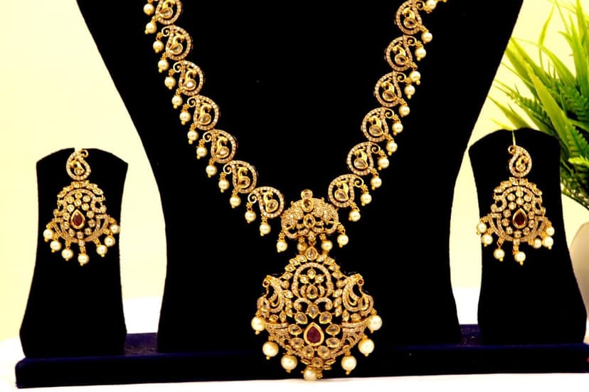 Victoria Bridal Gold Plated Antique Necklace Set With Earrings For Women view 2
