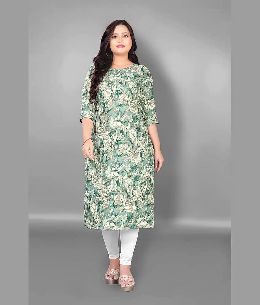 RIAANA Women Chanderi Printed A-line Kurti ( Green )