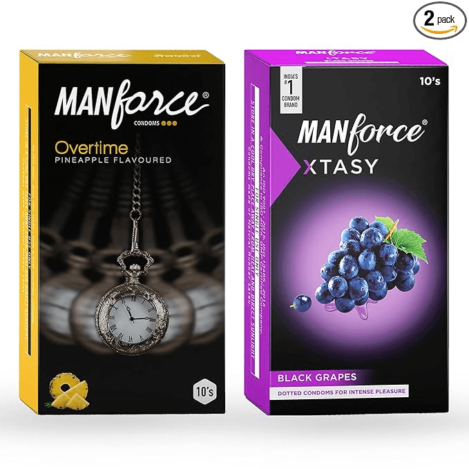 MANFORCE 3 in 1 (Ribbed Contour Dotted) Wild Black Grapes Flavoured Condoms- 10 Pieces & Overtime Pineapple 3in1 (Ribbed Contour Dotted) Condoms - 10 Pieces Condom (Set of 2 20 Sheets)