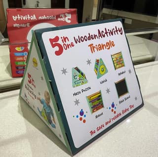 MUKESH 5 in 1 Wooden Activity Triangle Montessori Learning Toy with Alphabets Abacus Clock