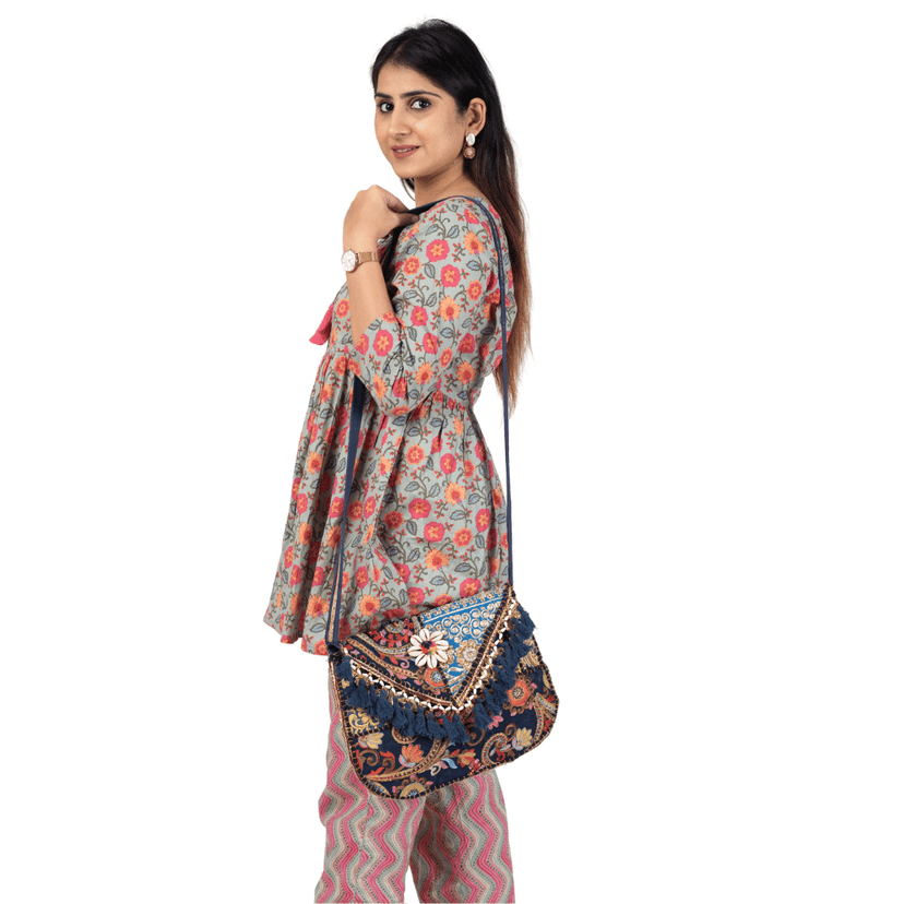 Elegant Navy Blue Embroidered Crossbody Women Bag view 3