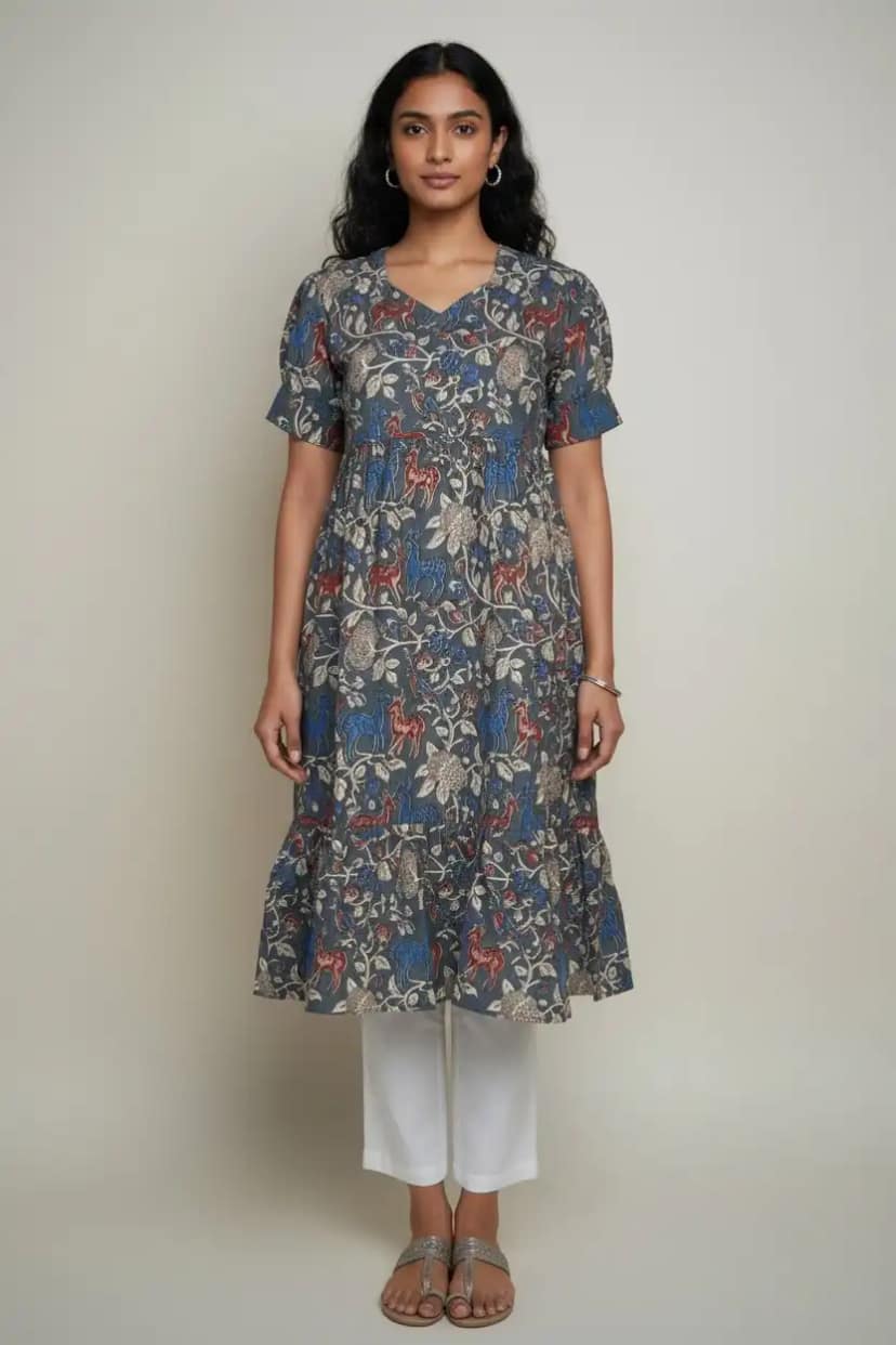 Floral Print Cotton Dress Slate Gray