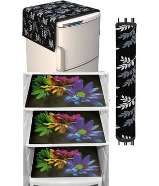 Laphino Polyester Floral Fridge Mat & Cover ( 93 53 ) Pack of 5 - Black